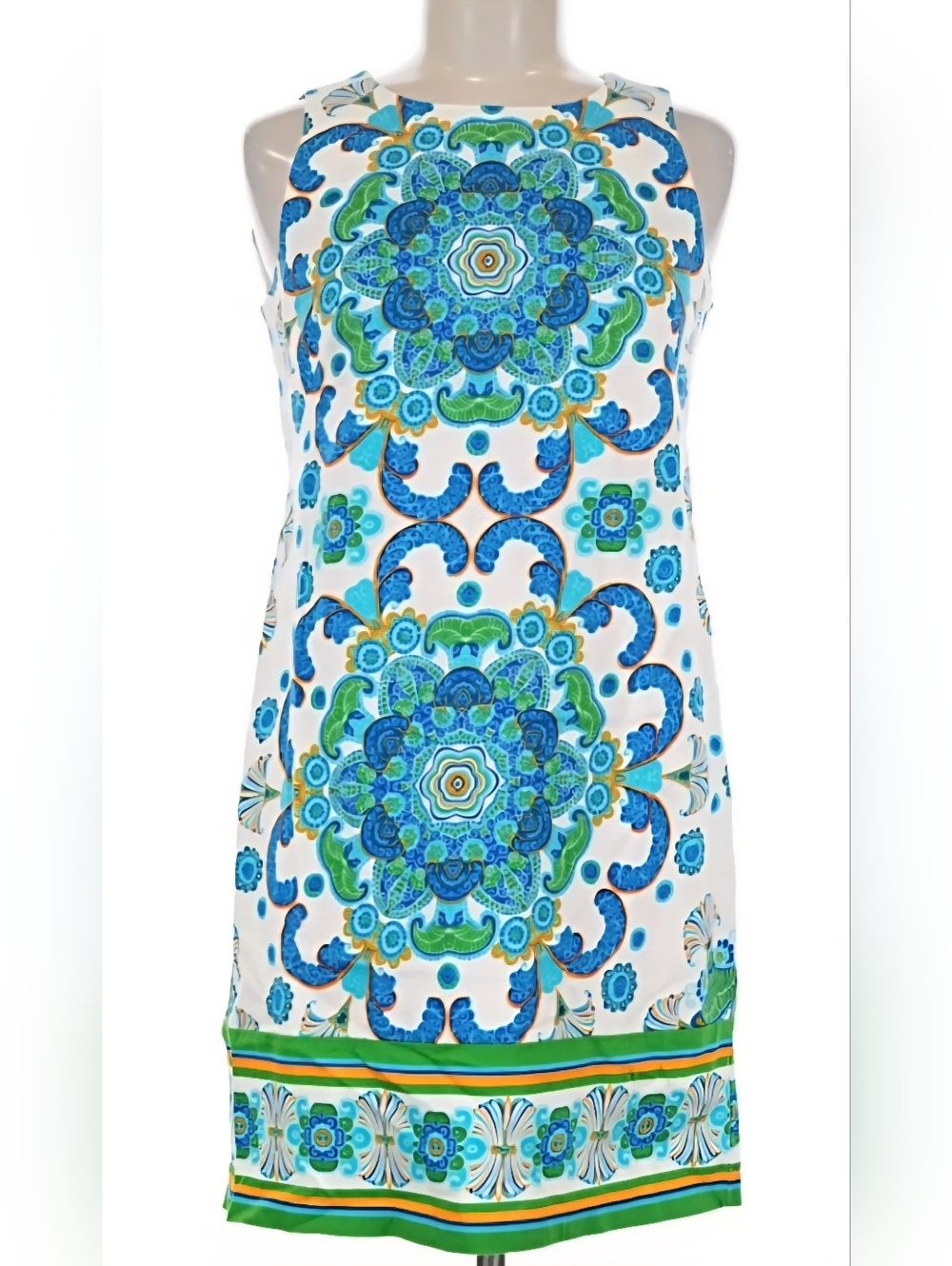 London Times Sleeveless Women's Medallion Print Shift Dress in Blue & Green 10